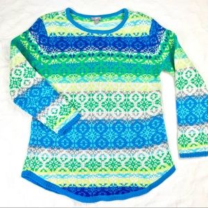 J JILL Fair Isle Tunic Sweater Blue/Green 3/4 Sleeves Chunky Knit Small